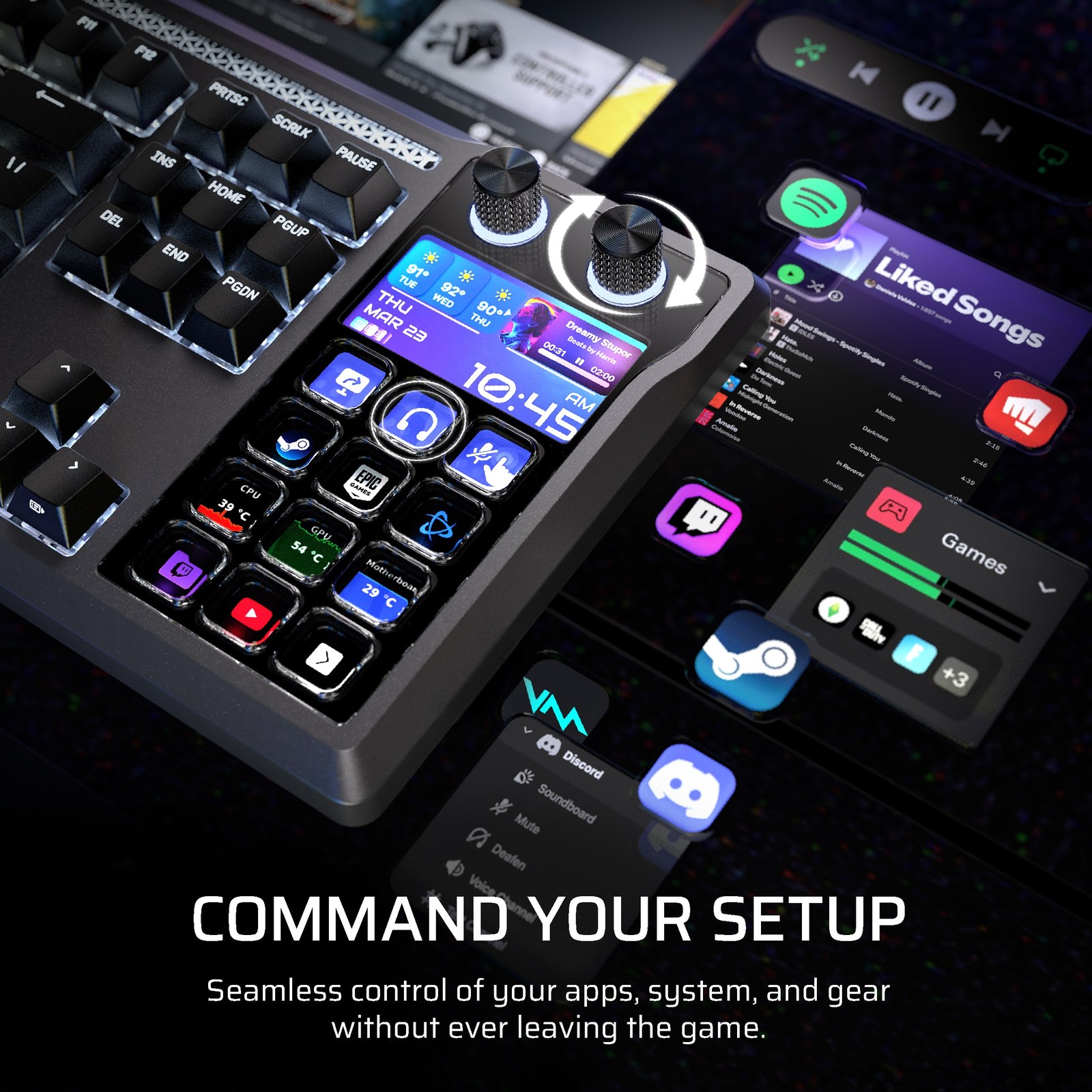 Corsair Galleon 100 SD controlando apps como Discord y Spotify desde sus teclas Stream Deck