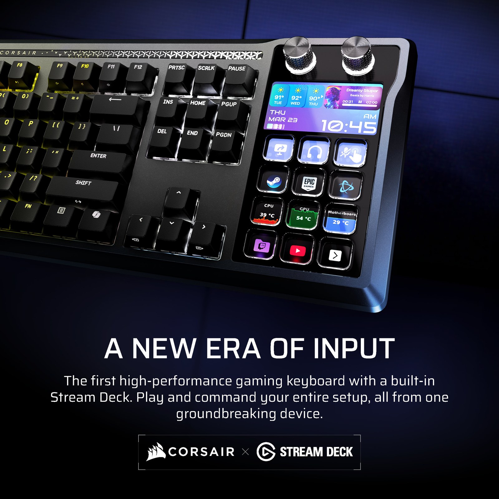 Primer plano del Stream Deck integrado del Corsair Galleon 100 SD con teclas LCD y diales
