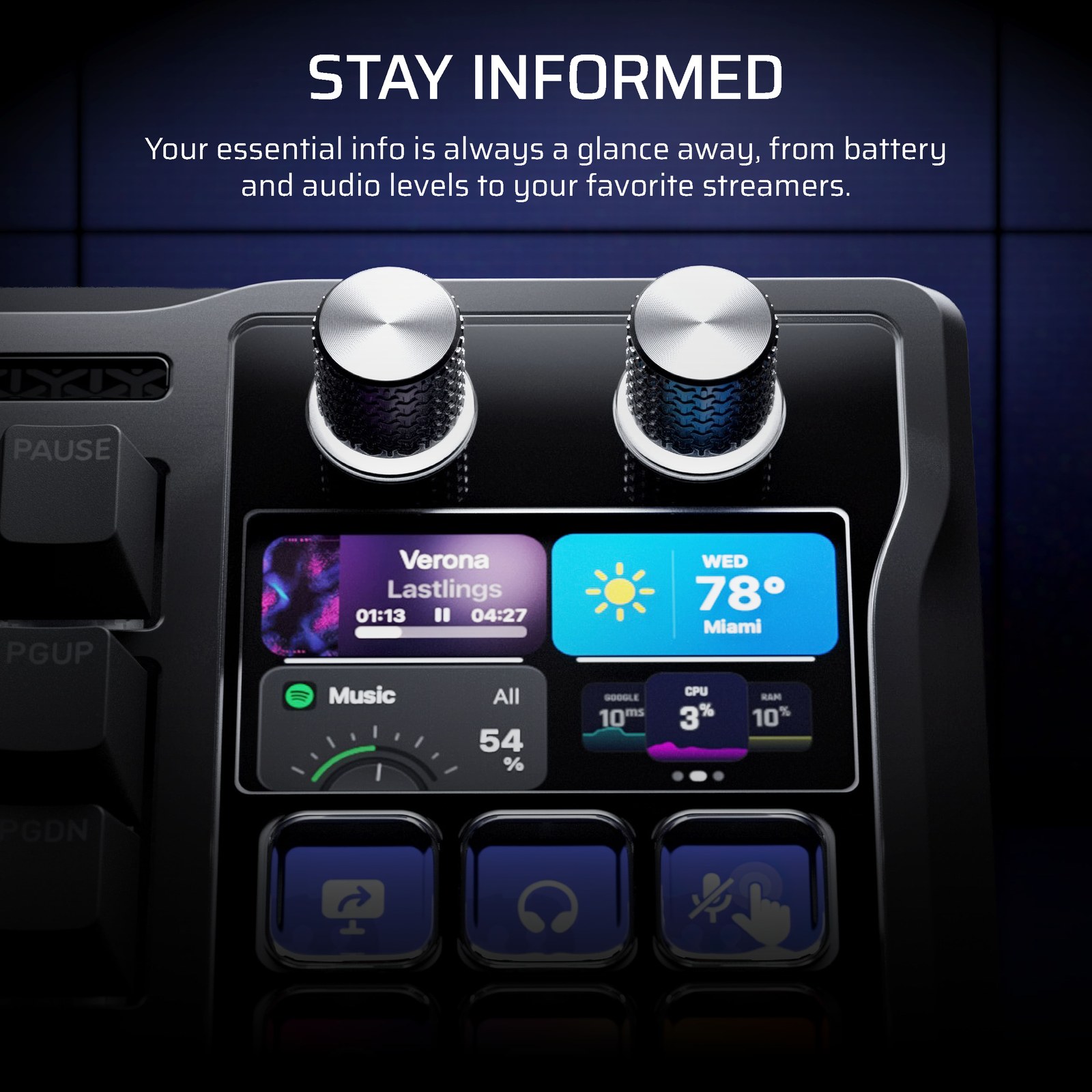 Pantalla LCD a color y diales giratorios del Corsair Galleon 100 SD mostrando widgets